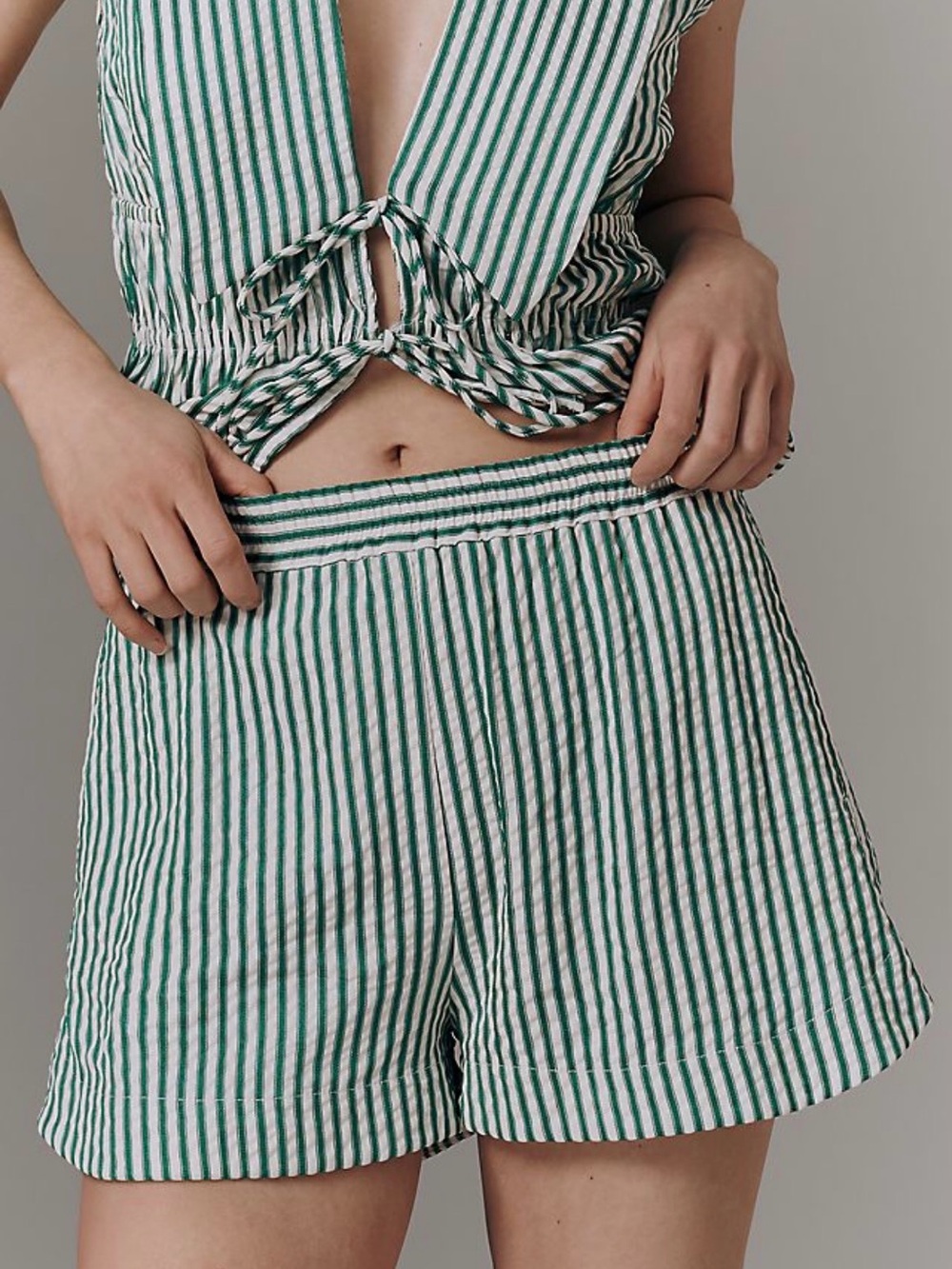 Wayf Green and White Striped High-Waist Shorts